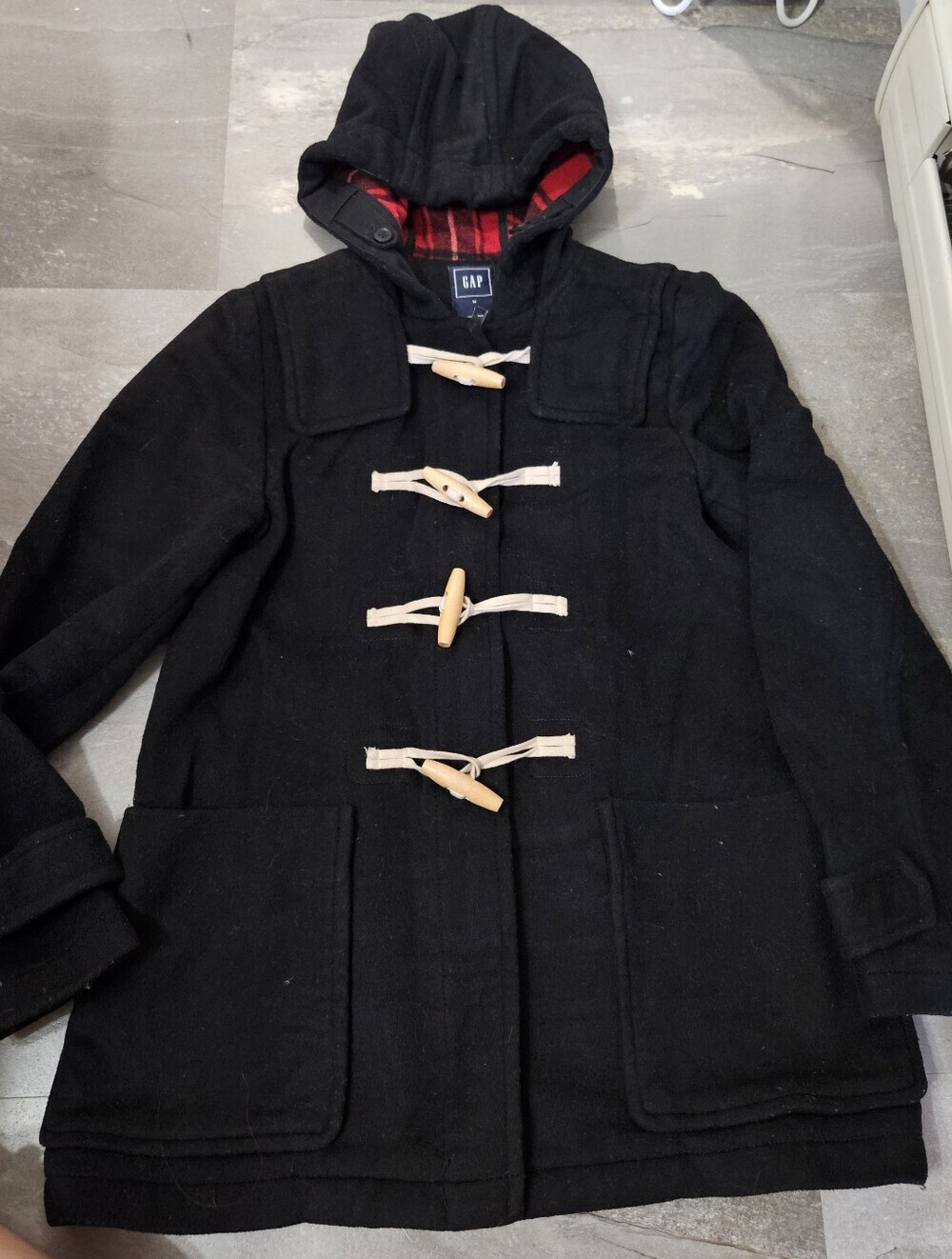 GAP Duffle Hood Jacket. Coat With Long Sleeve. Black. Plaid Red In. Wool Blend.